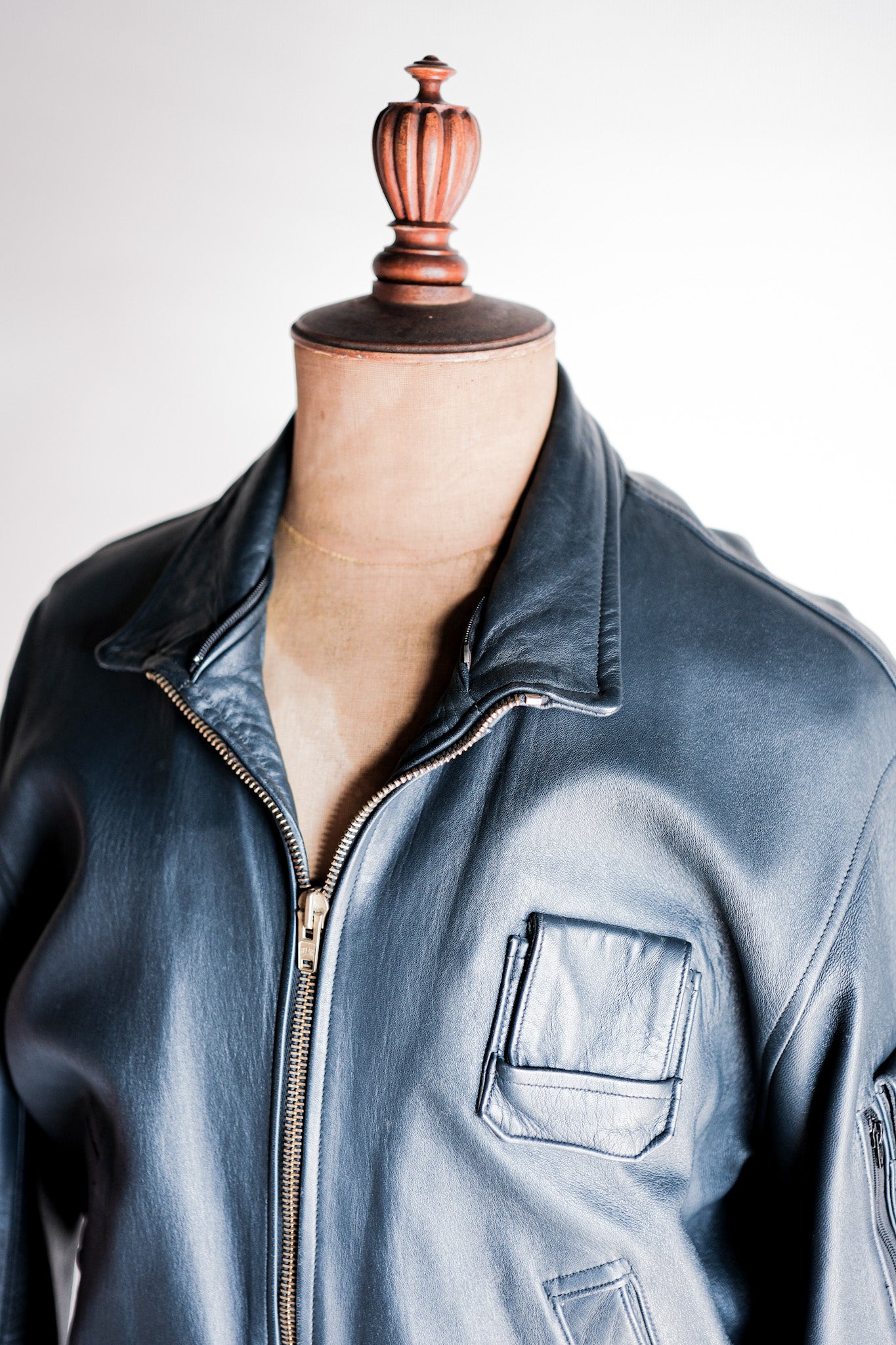 【~70's】French Air Force Pilot Leather Jacket With Chin Strap Size.96M
