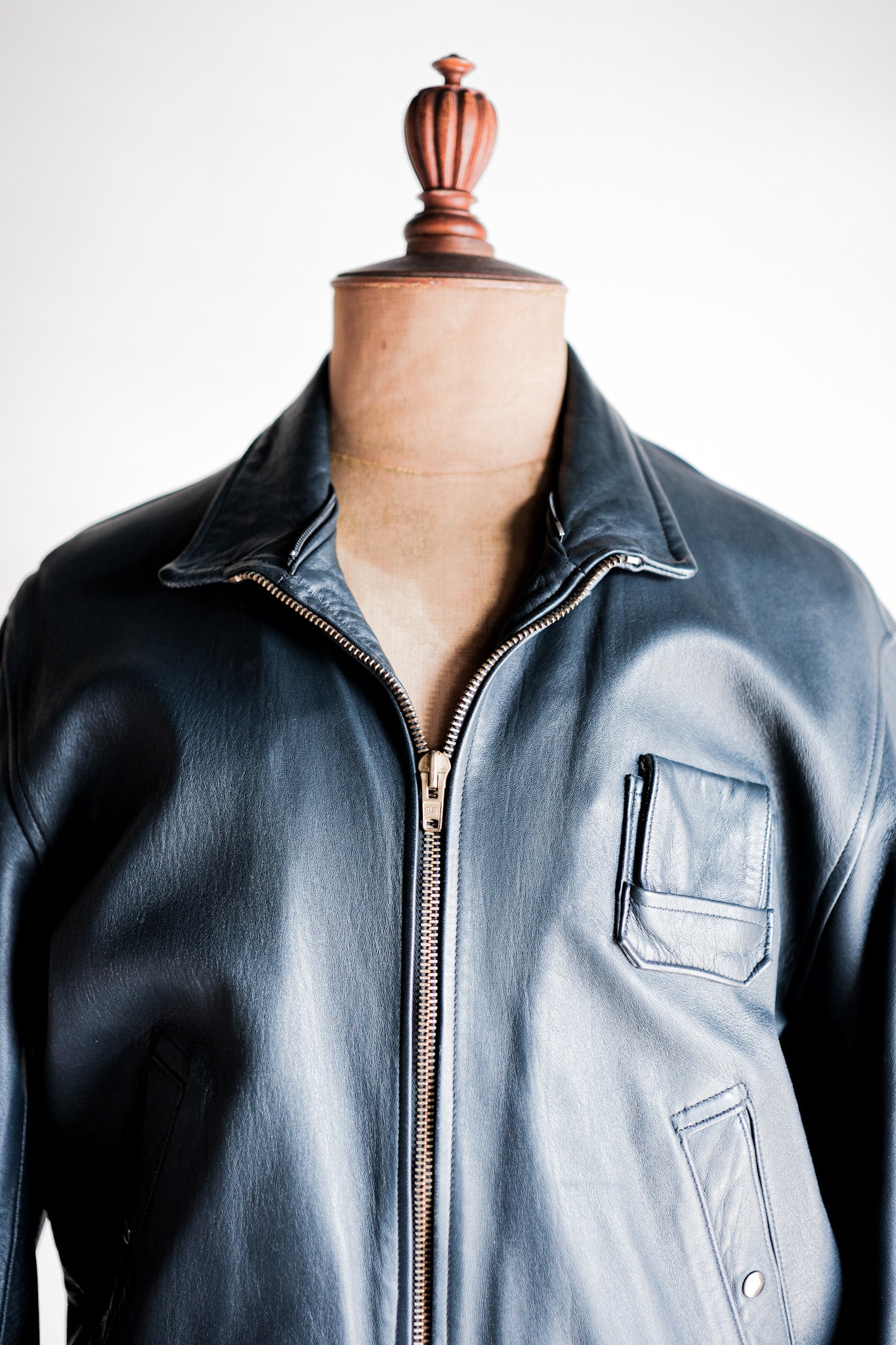 70's】French Air Force Pilot Leather Jacket With Chin Strap Size.96M