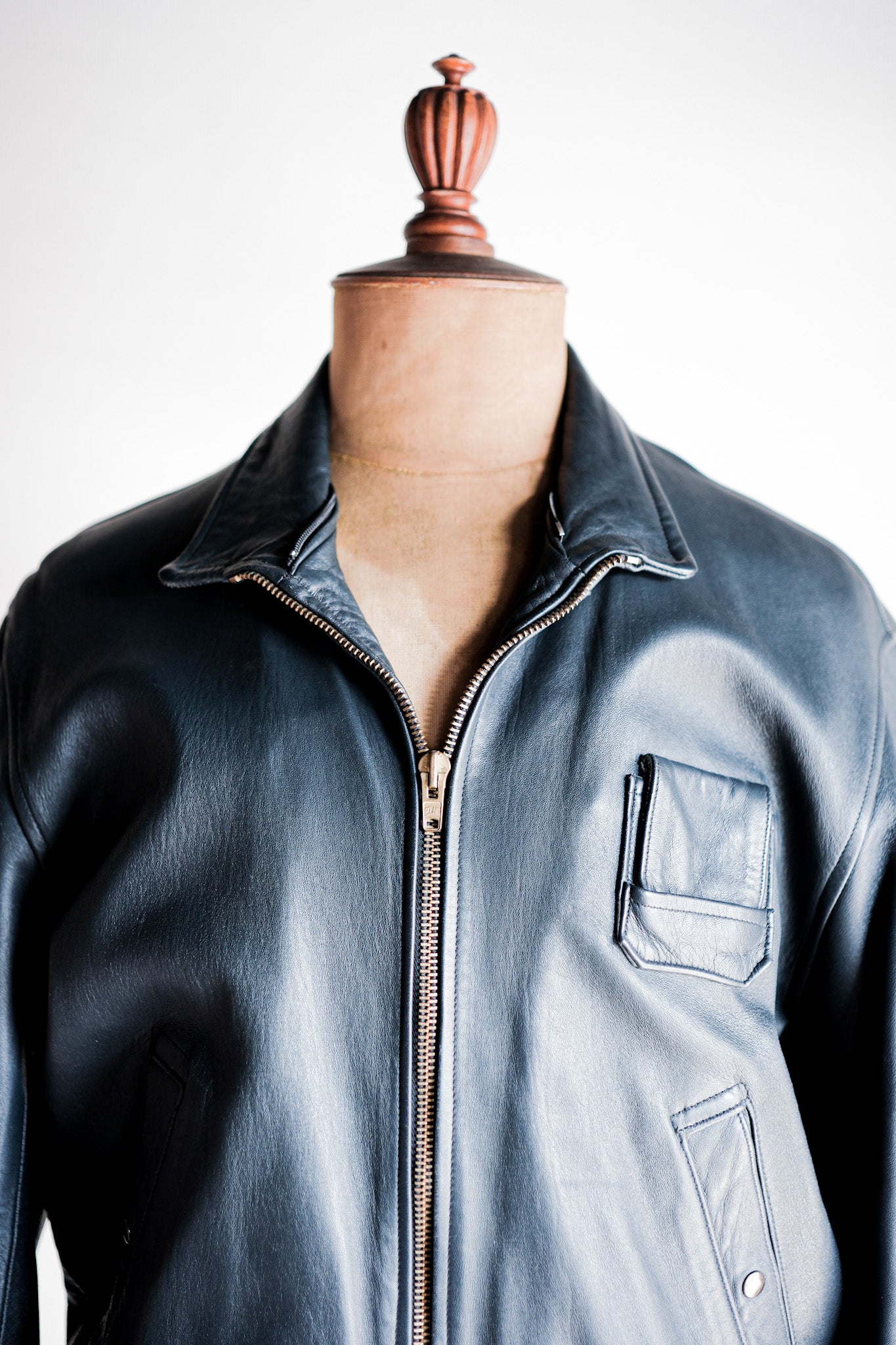 【~70's】French Air Force Pilot Leather Jacket With Chin Strap Size.96M