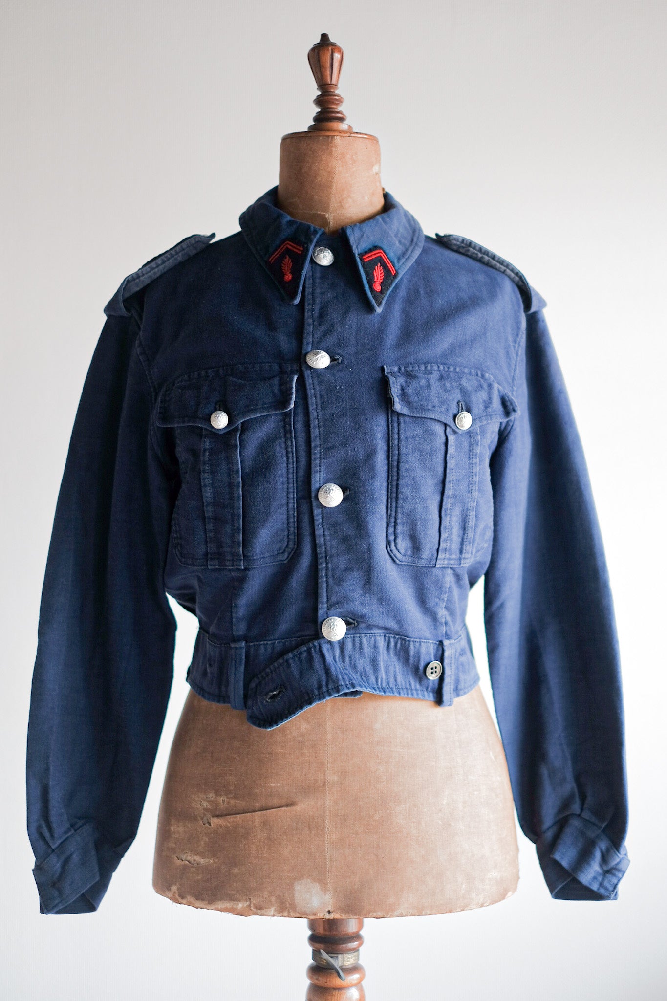 [~ 40 '] 프랑스 빈티지 블루 몰스 피부 소방관 재킷