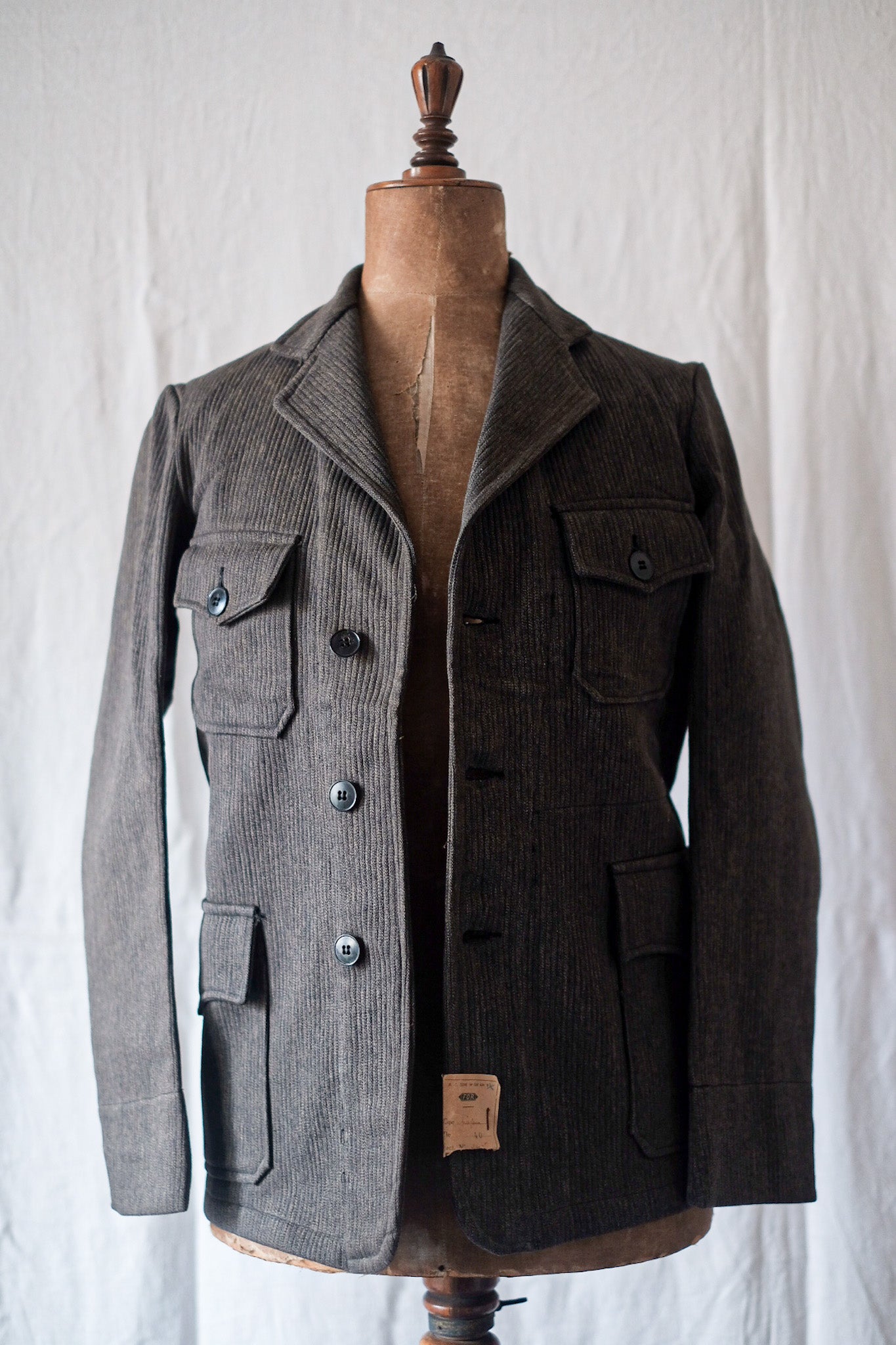 [〜40年代]法國復古棕色鹽和胡椒粉棉布式翻領夾克“ Dead Stock”