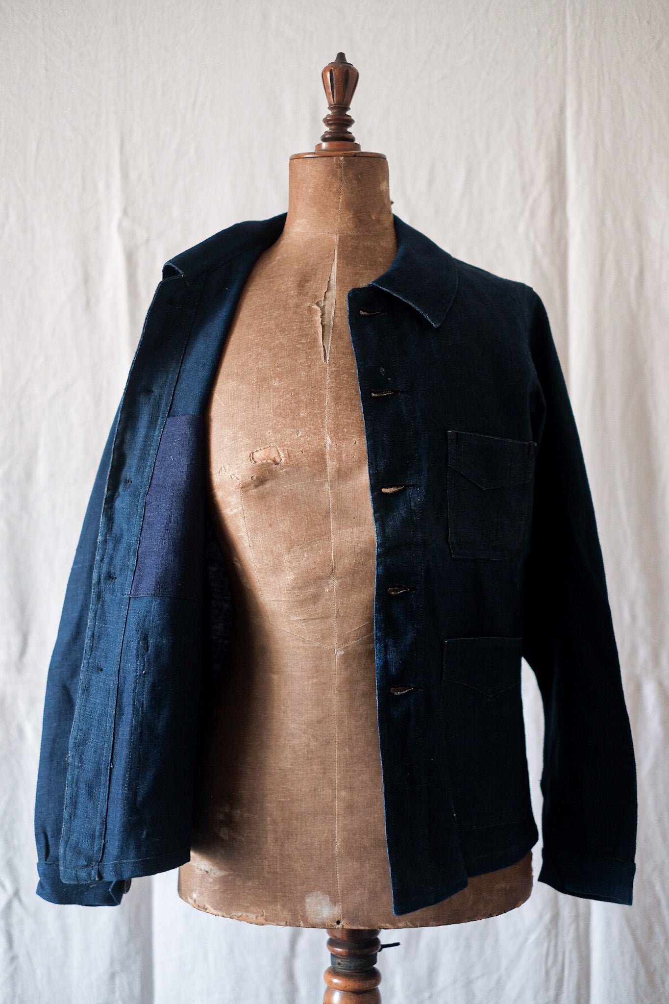 [~ 30 '] 프랑스 빈티지 인디고 리넨 작업 재킷 "데드 스톡"