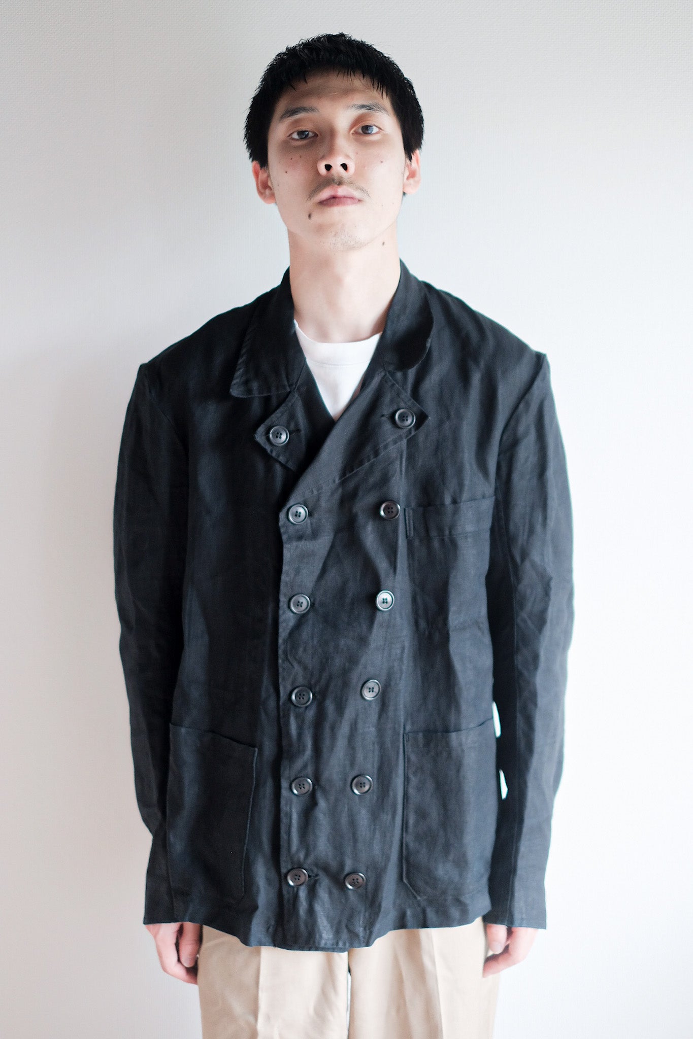 [~ 30's] French Vintage Black Indigo Linen Double Breasted Work Jacket "Dead Stock"