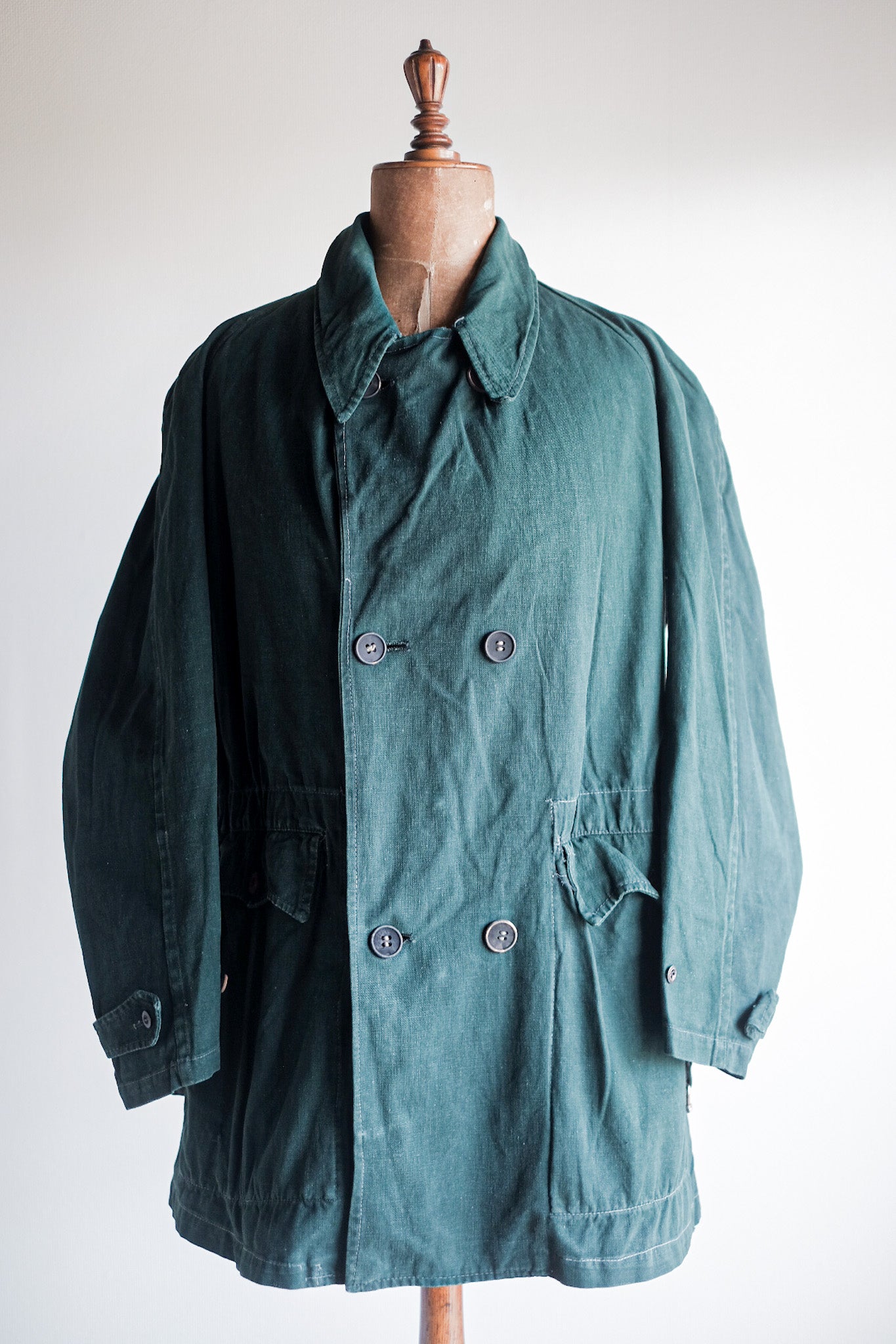 【~40's】French Army Double Breasted Green Linen Canvas Jacket