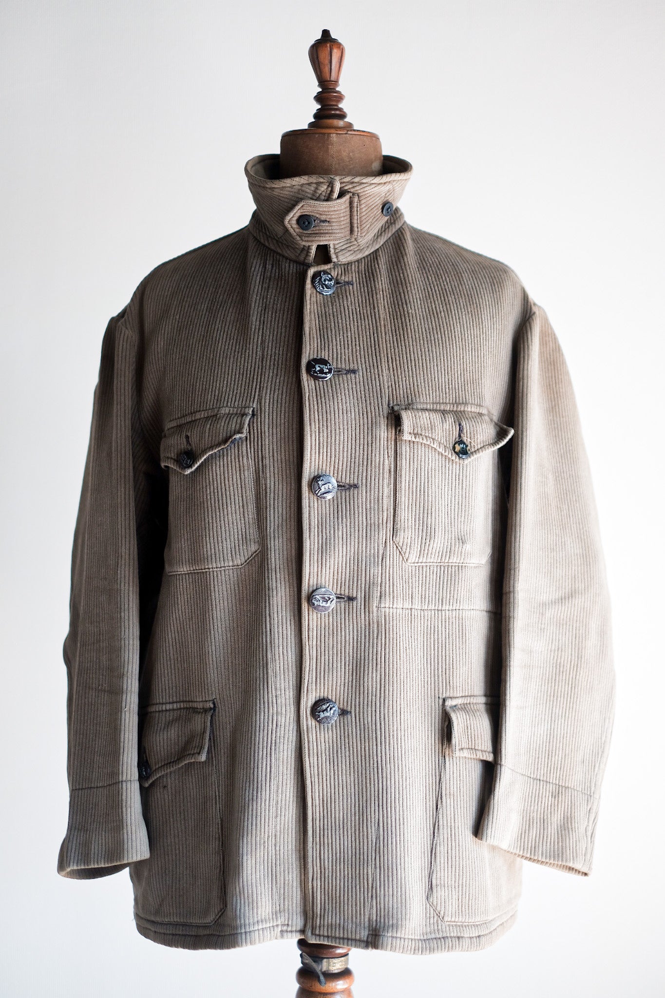 ［~40's］French Vintage Brown Cotton Pique Hunting Jacket With Chin Strap