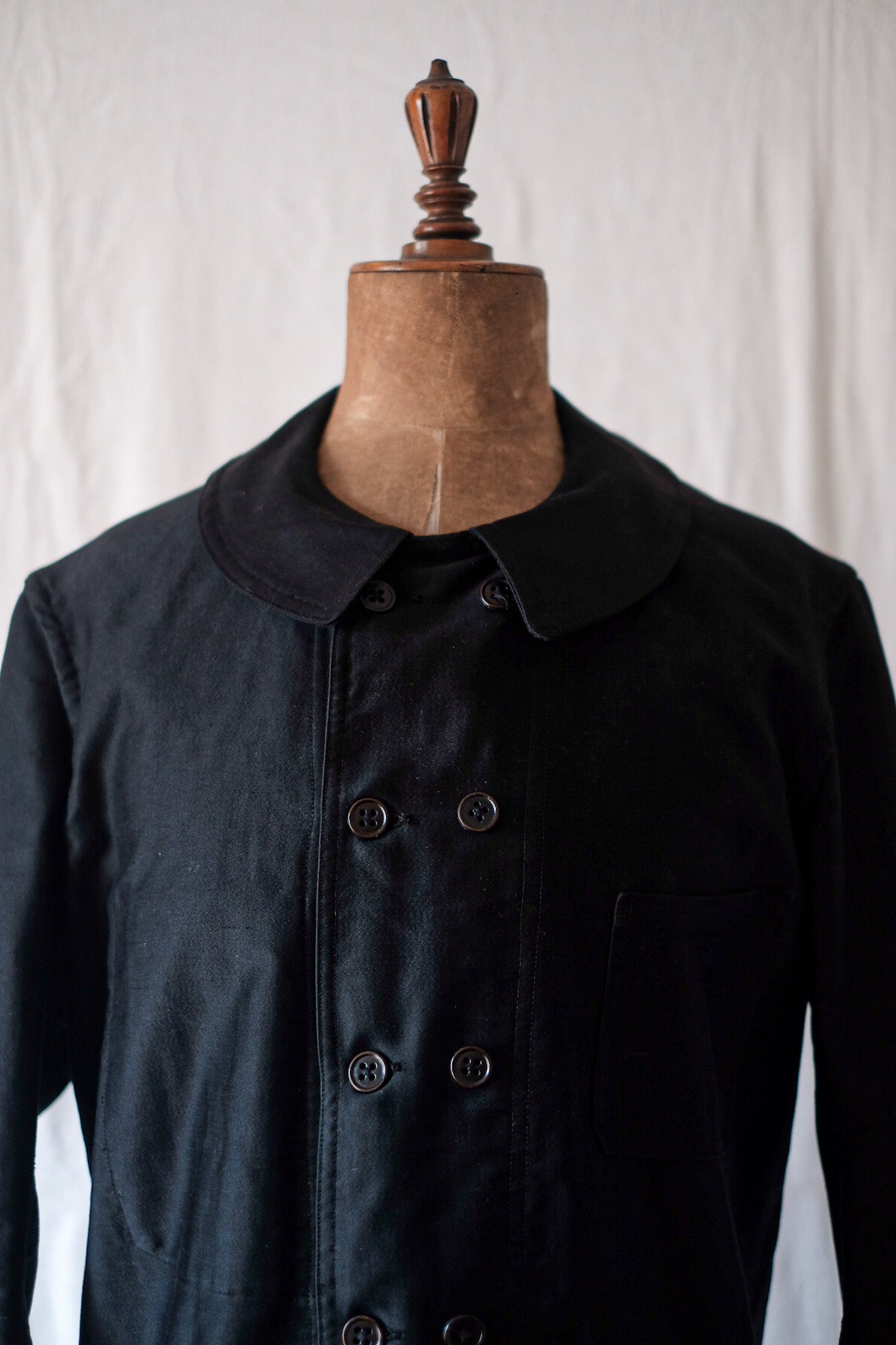 [~ 30's] French Vintage Double Breasted Black Moleskin Work Jacket