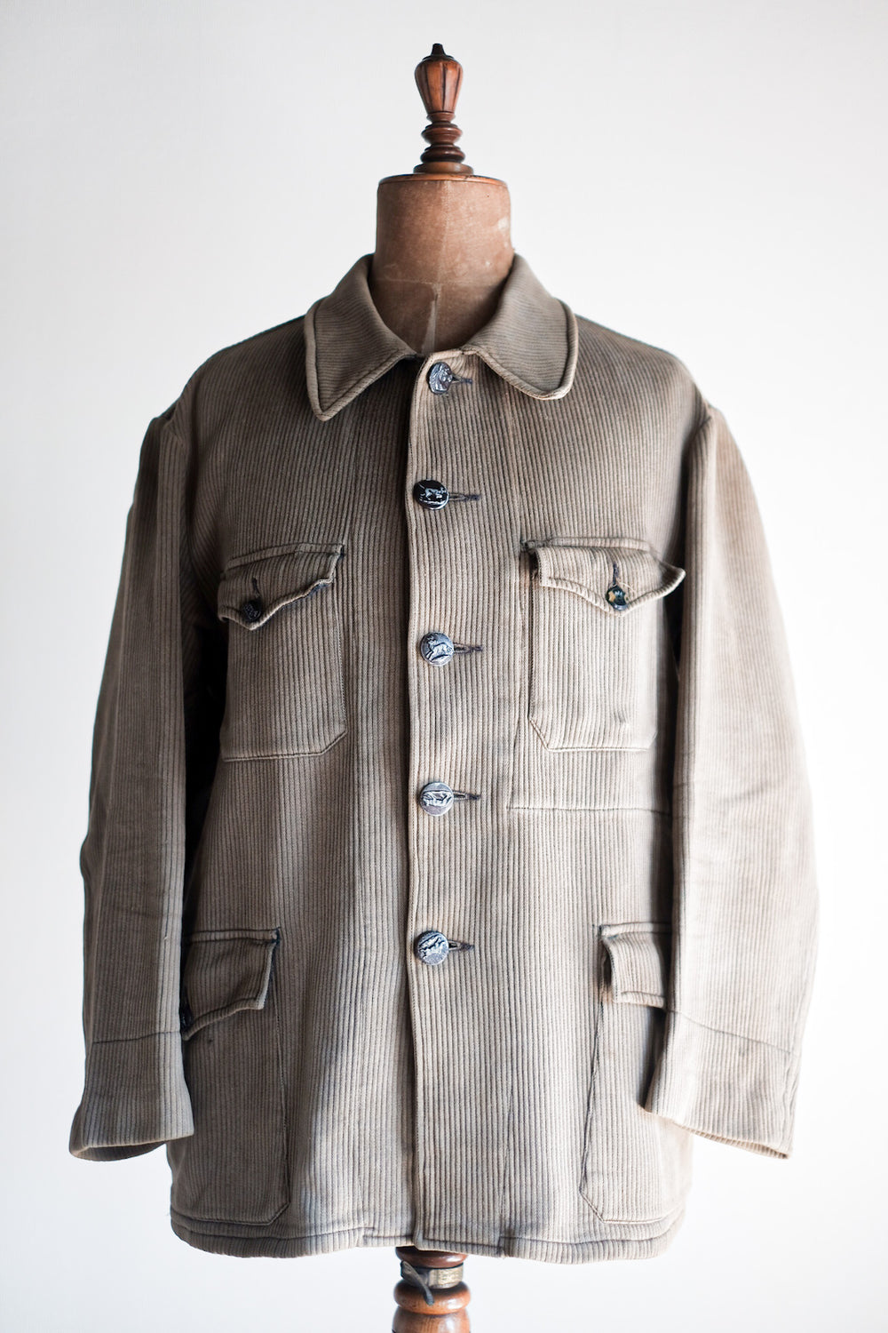 【~40's】French Vintage Brown Cotton Pique Hunting Jacket With Chin Strap