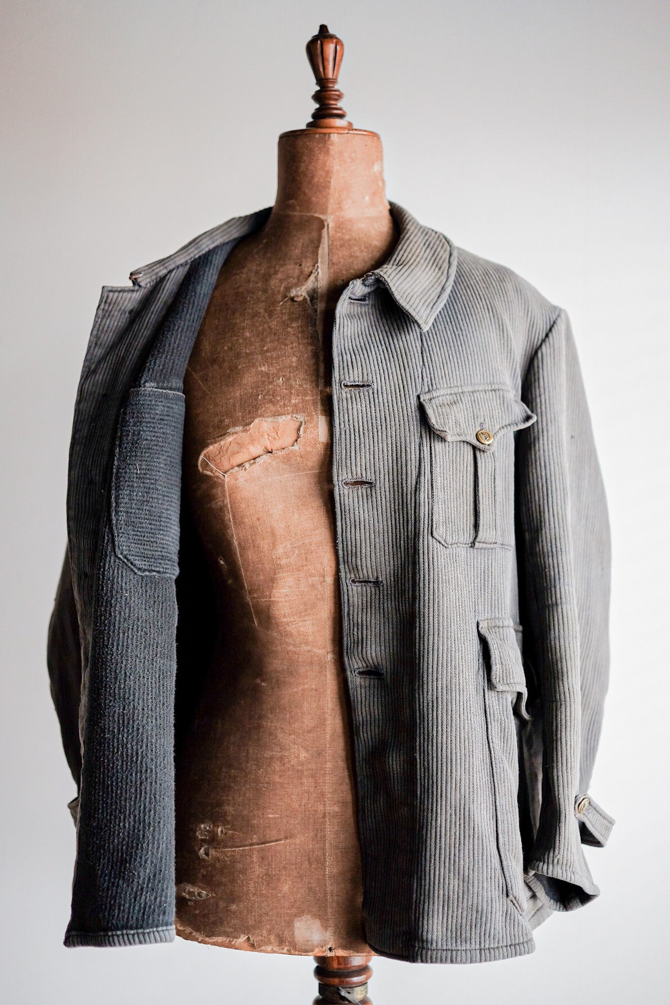 ［~30's］French Vintage Gray Cotton Pique Hunting Jacket With Chin Strap