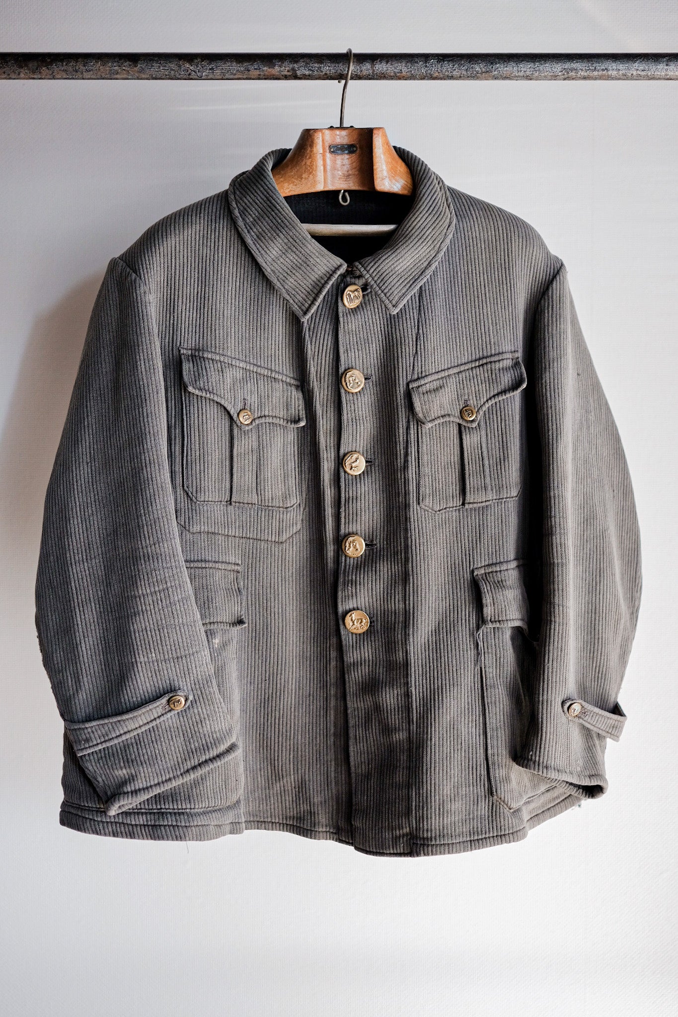 ［~30's］French Vintage Gray Cotton Pique Hunting Jacket With Chin Strap