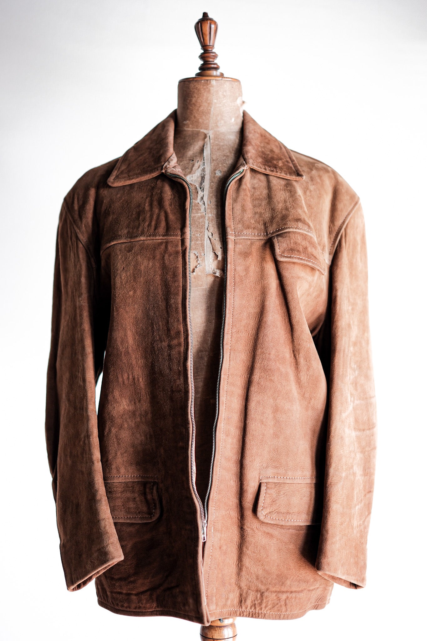 [〜60年代]法國復古棕色絨面革拉鍊夾克