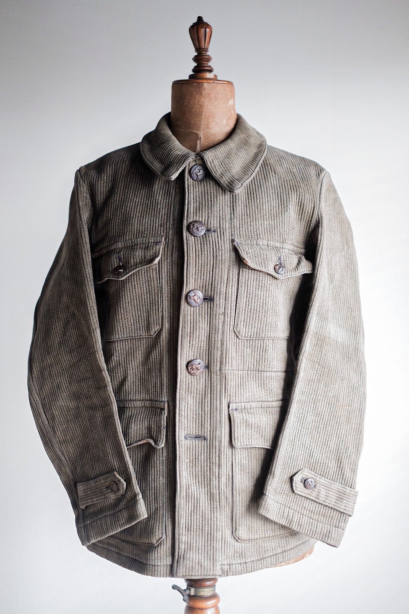 [〜40年代]法國復古棕色鹽和胡椒粉棉布狩獵夾克