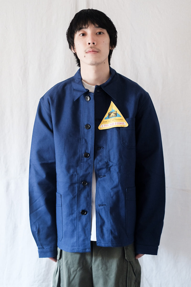 【~50's】French Vintage Blue Cotton Twill Work Jacket "Le Mont St. Michel" "Dead Stock"