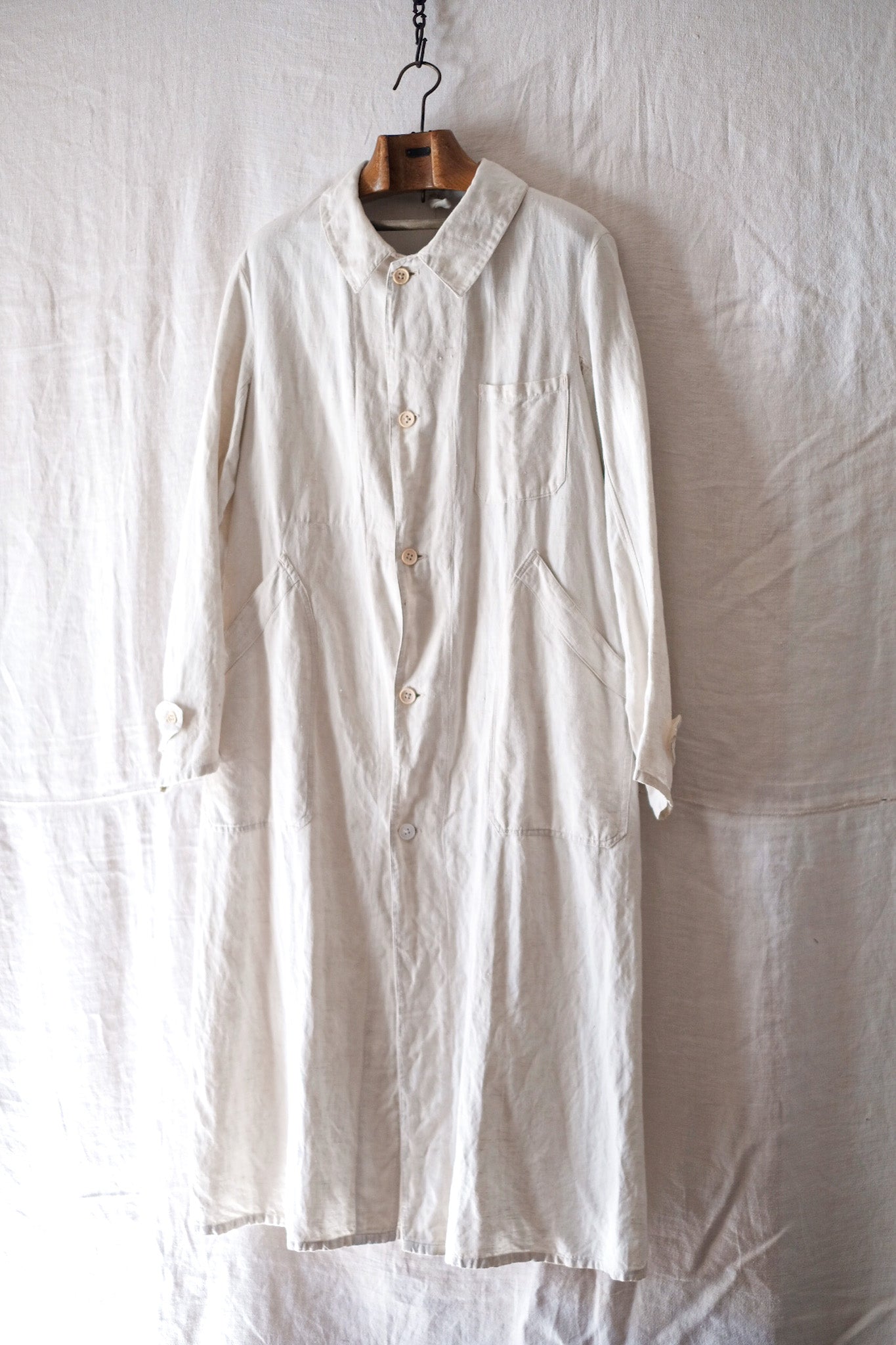 [~ 30's] French Vintage White Cotton Linen Work Coat