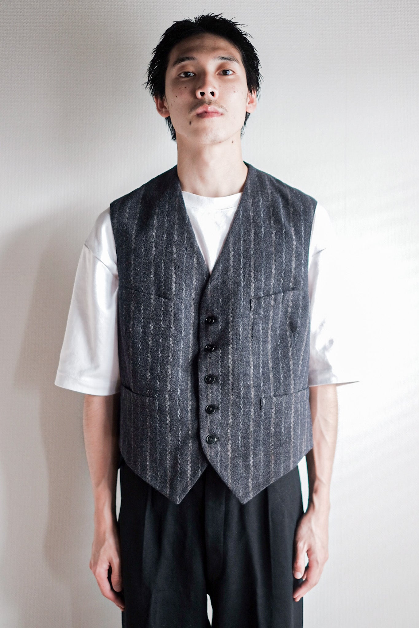 [~ 40's] French Vintage Grey Wool Striped Work Gilet
