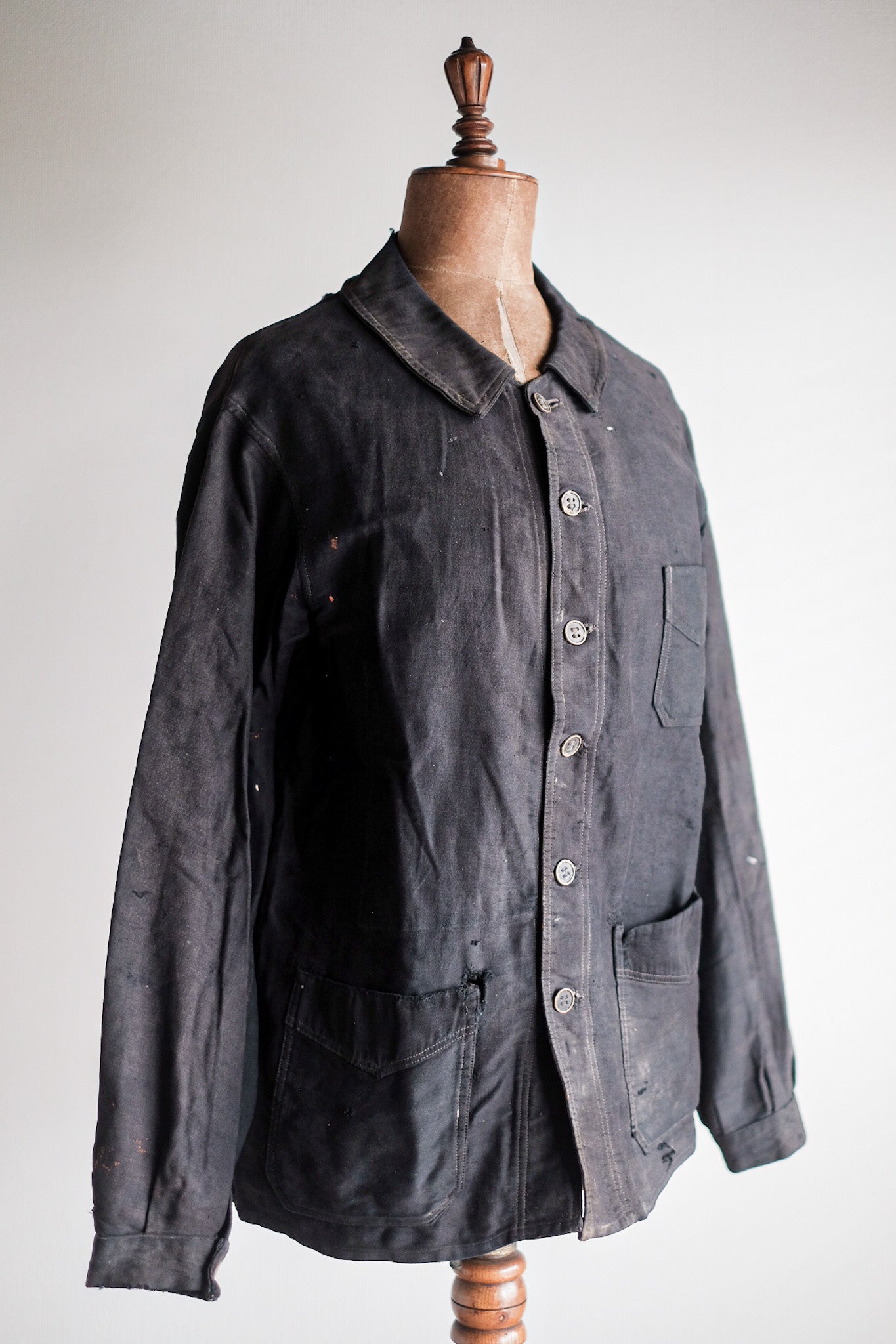[~ 20's] French Vintage Black Moleskin Work Jacket "6 Buttons"