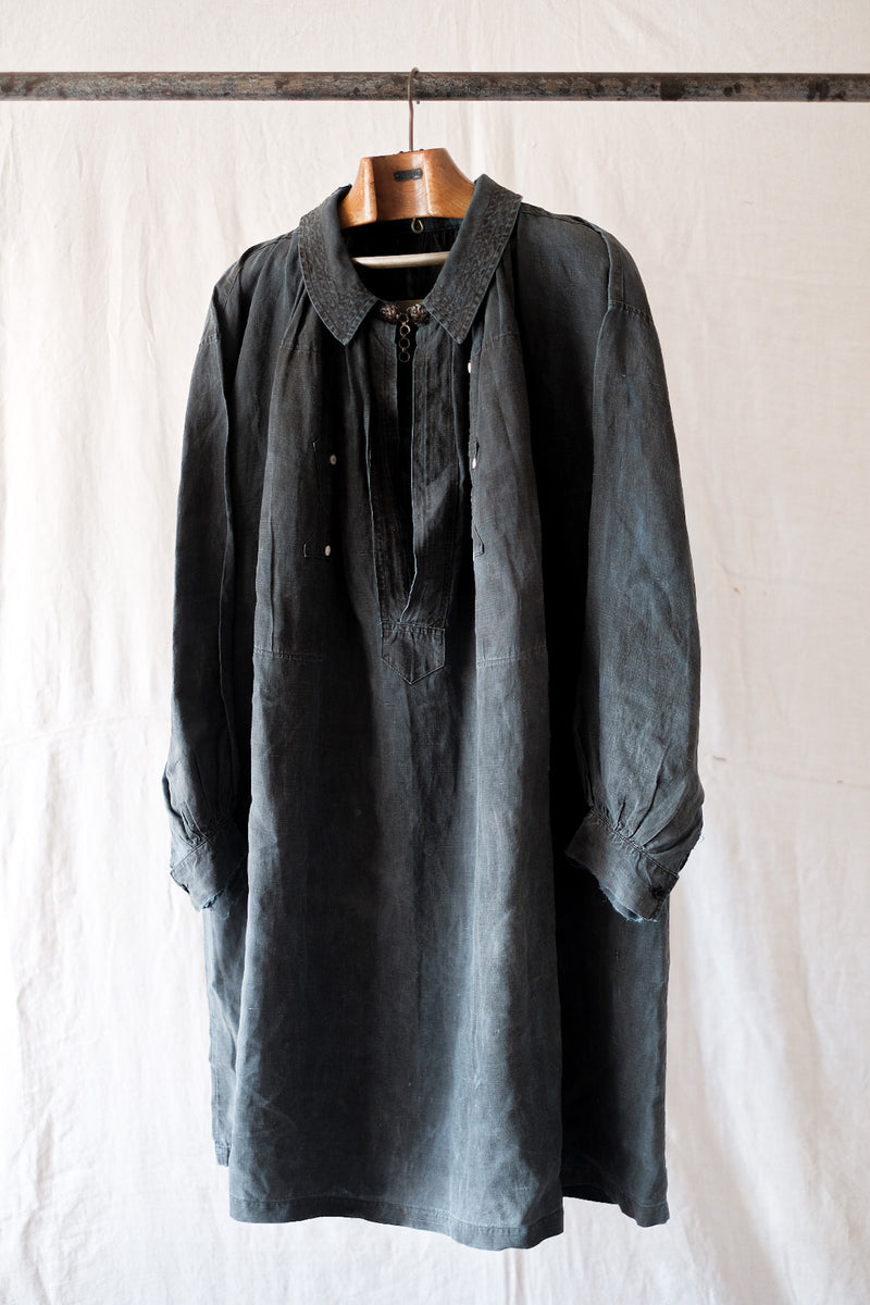 [ต้น 20 C] ผ้าลินินอินดิโก้โบราณฝรั่งเศส smock "biaude"