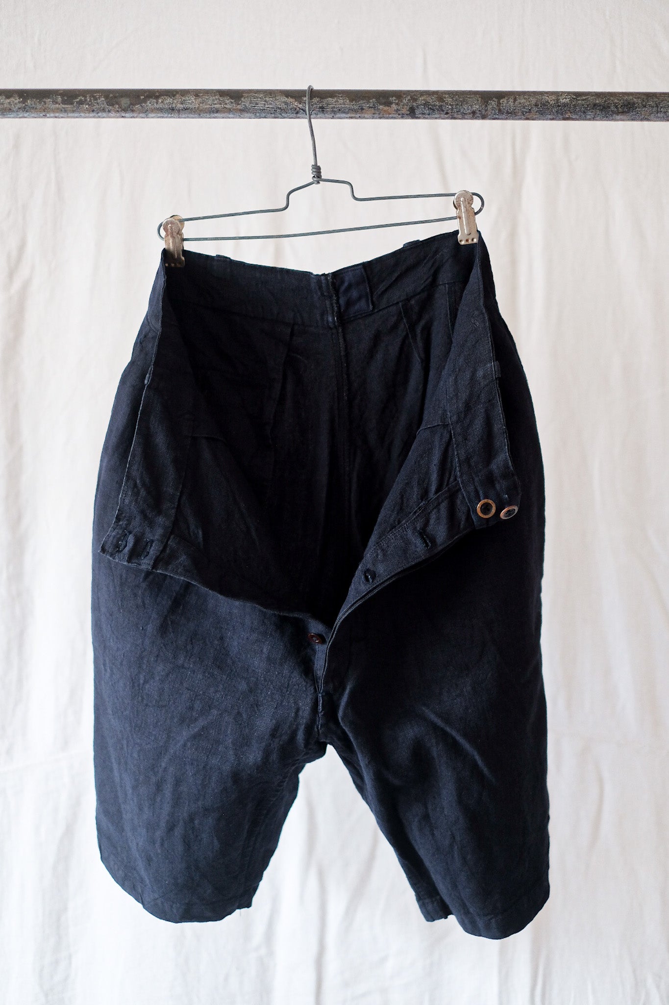 [~ 40's] กางเกงขาสั้นผ้าลินินอินดิโก้วินเทจฝรั่งเศส