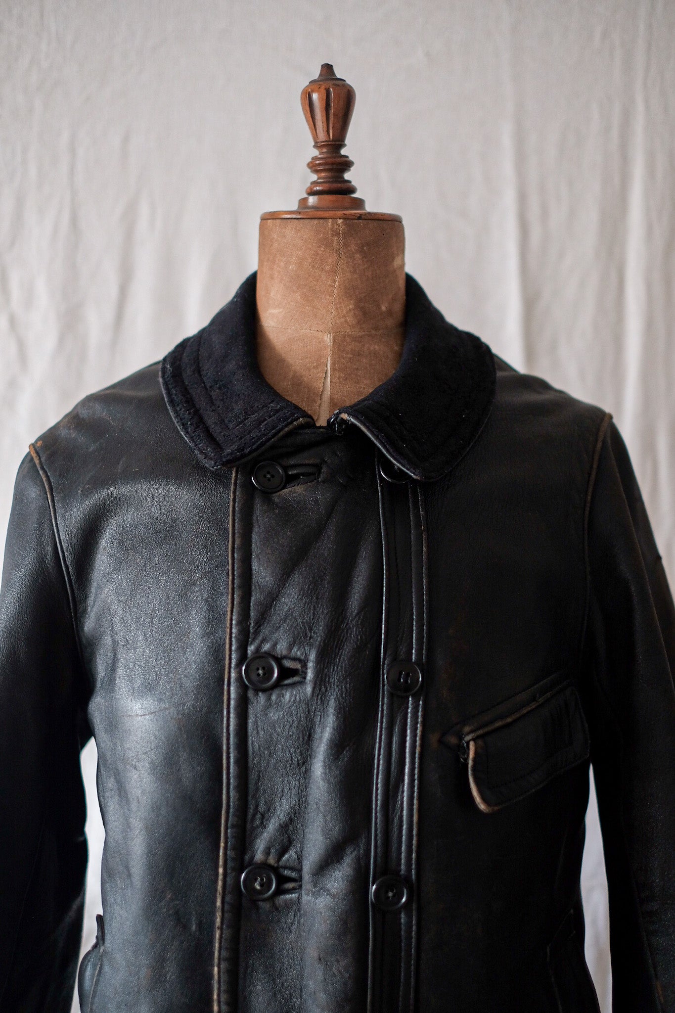 [〜40年代]法國復古勒柯布西耶皮革工作夾克“羊毛項圈”