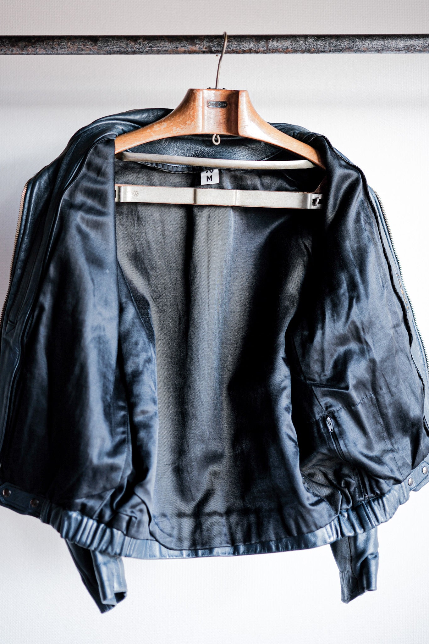 【~70's】French Air Force Pilot Leather Jacket With Chin Strap Size.96M