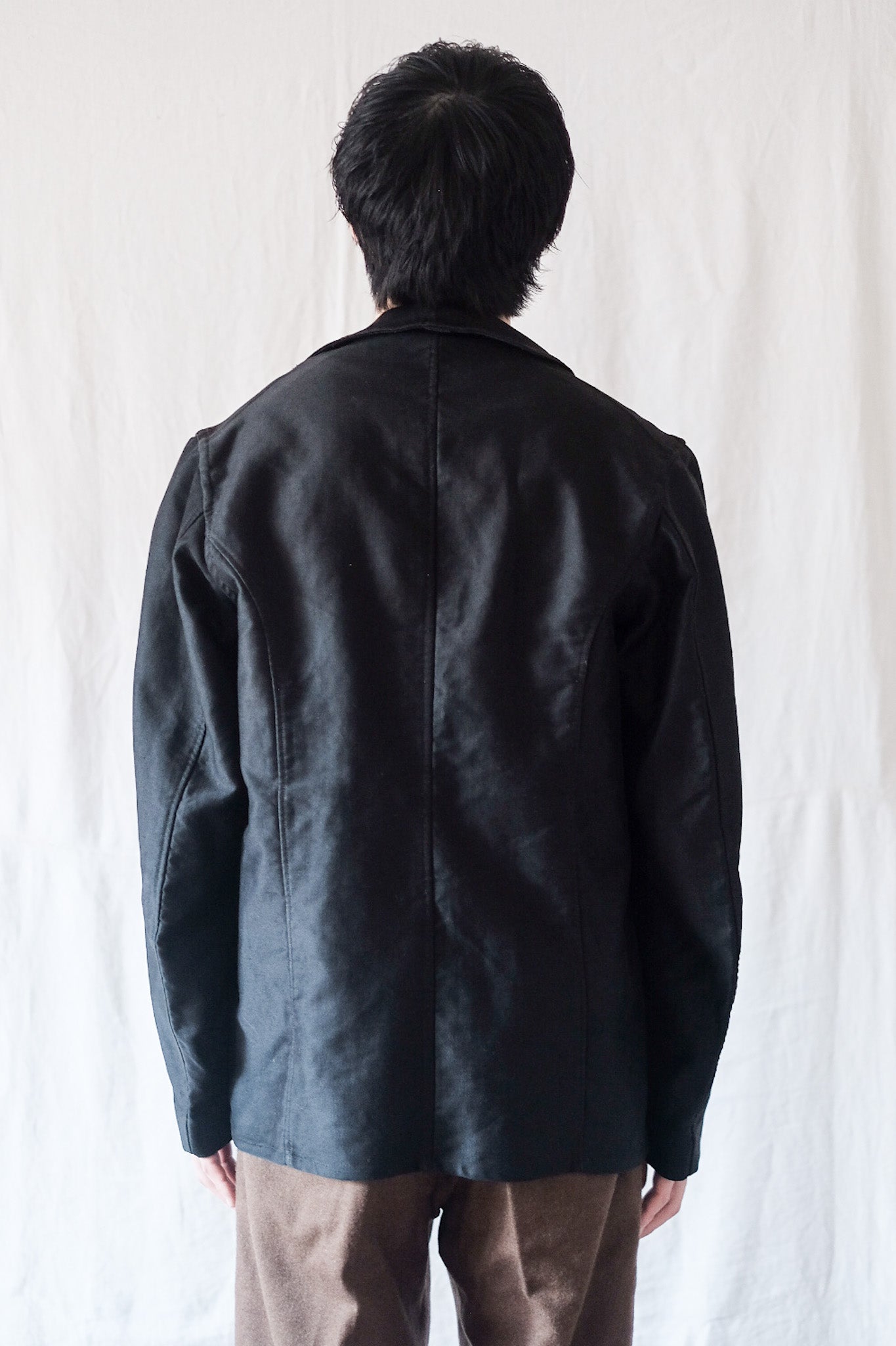 [~ 30's] French Vintage Double Breasted Black Moleskin Work Jacket