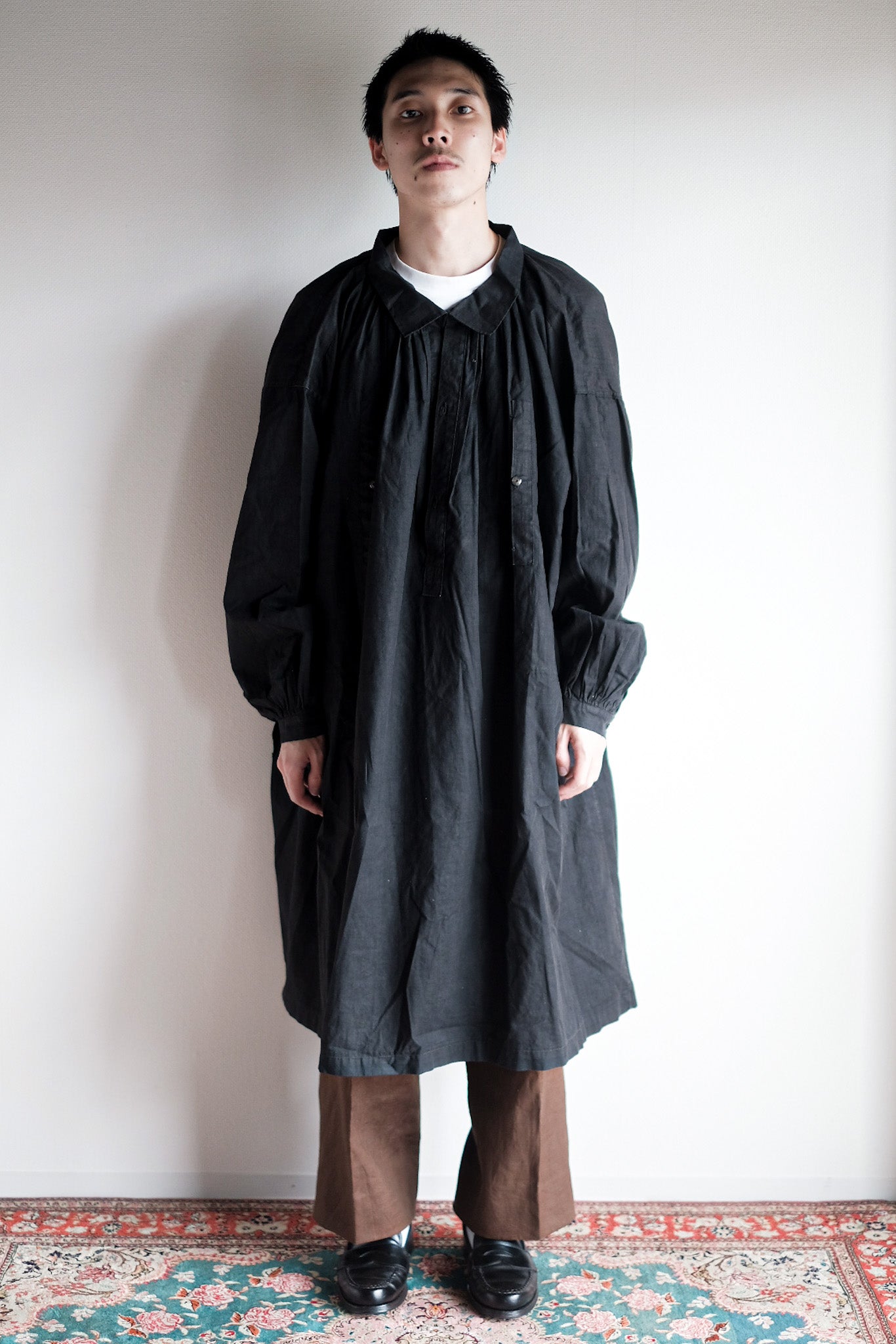 ［Early 20th C］French Antique Black Linen Smock "Biaude"