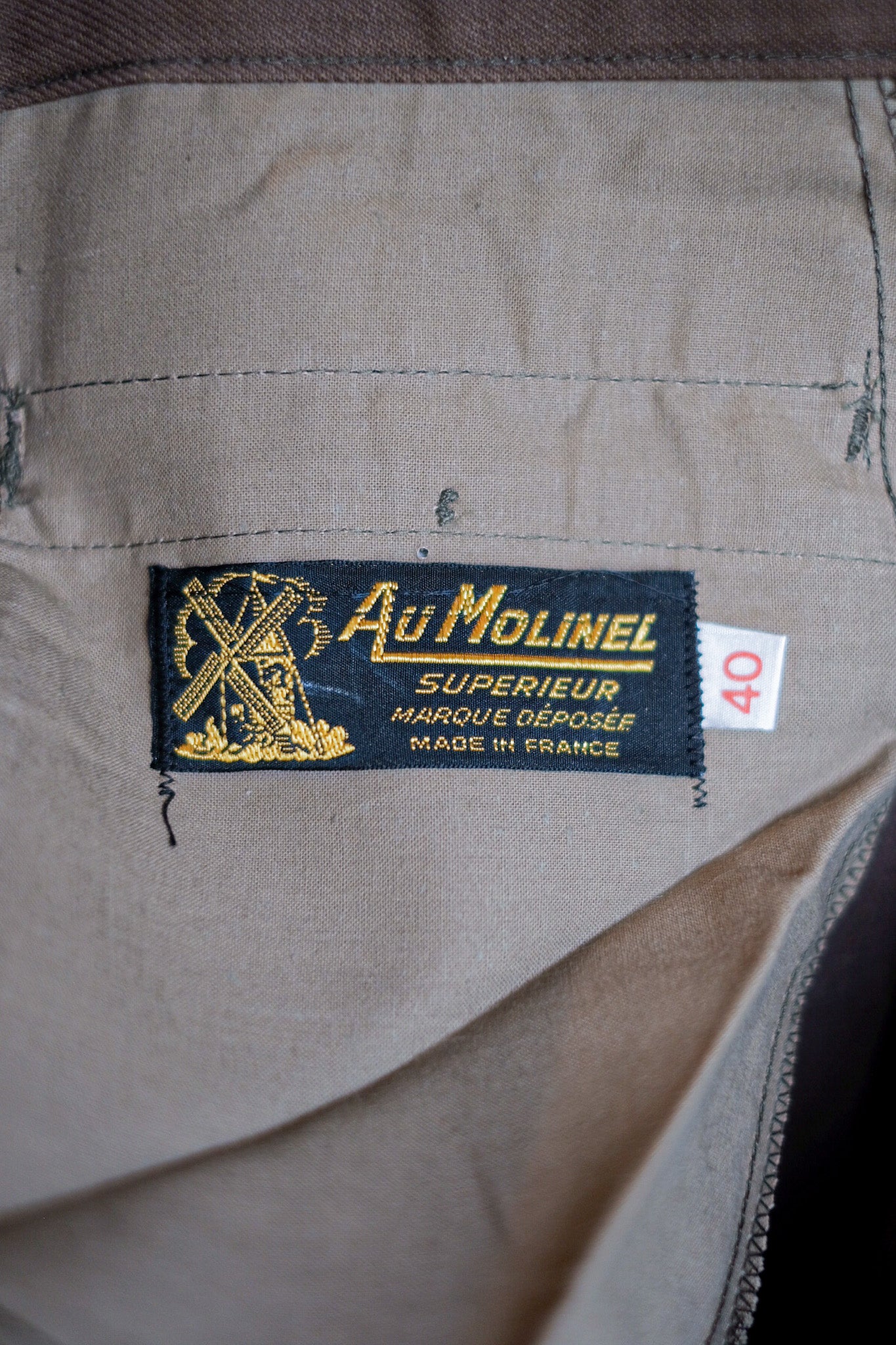 [~ 50's] French Vintage Brown Cotton Twill Twill Work Pant "Aumolinel" "Dead Stock"