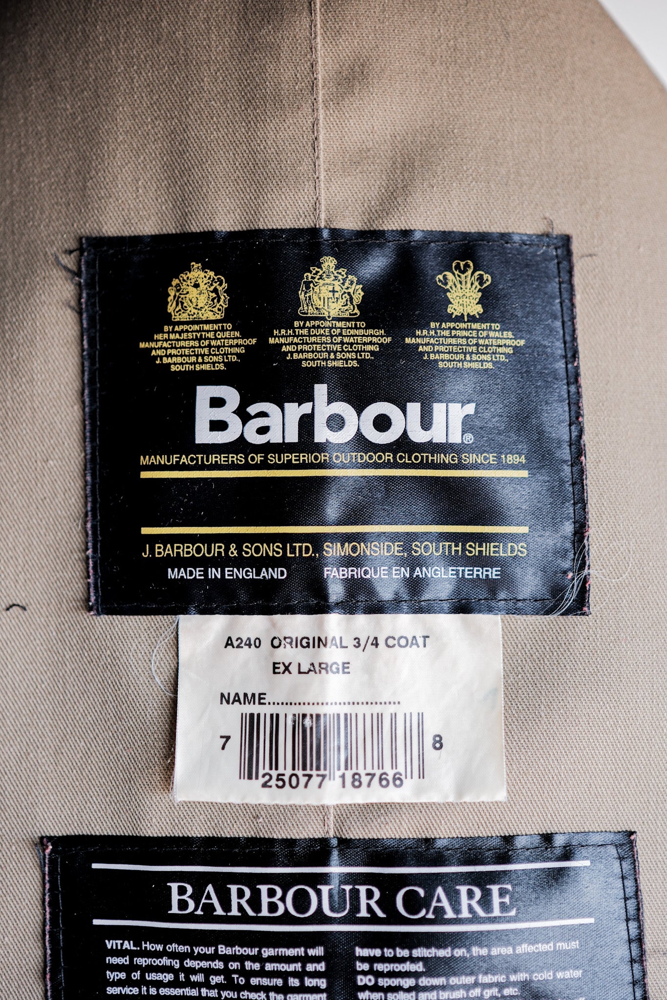 ［~90's］Vintage Barbour "ORIGINAL 3/4 COAT" 3 Crest Size.EX LARGE