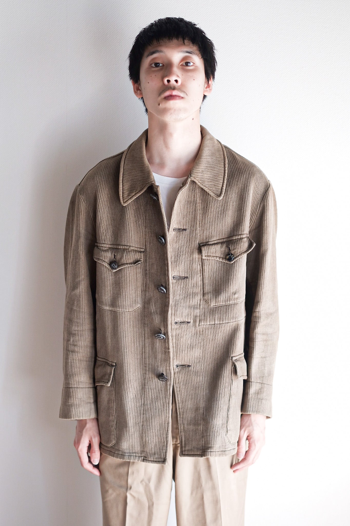 【~40's】French Vintage Brown Cotton Pique Hunting Jacket With Chin Strap