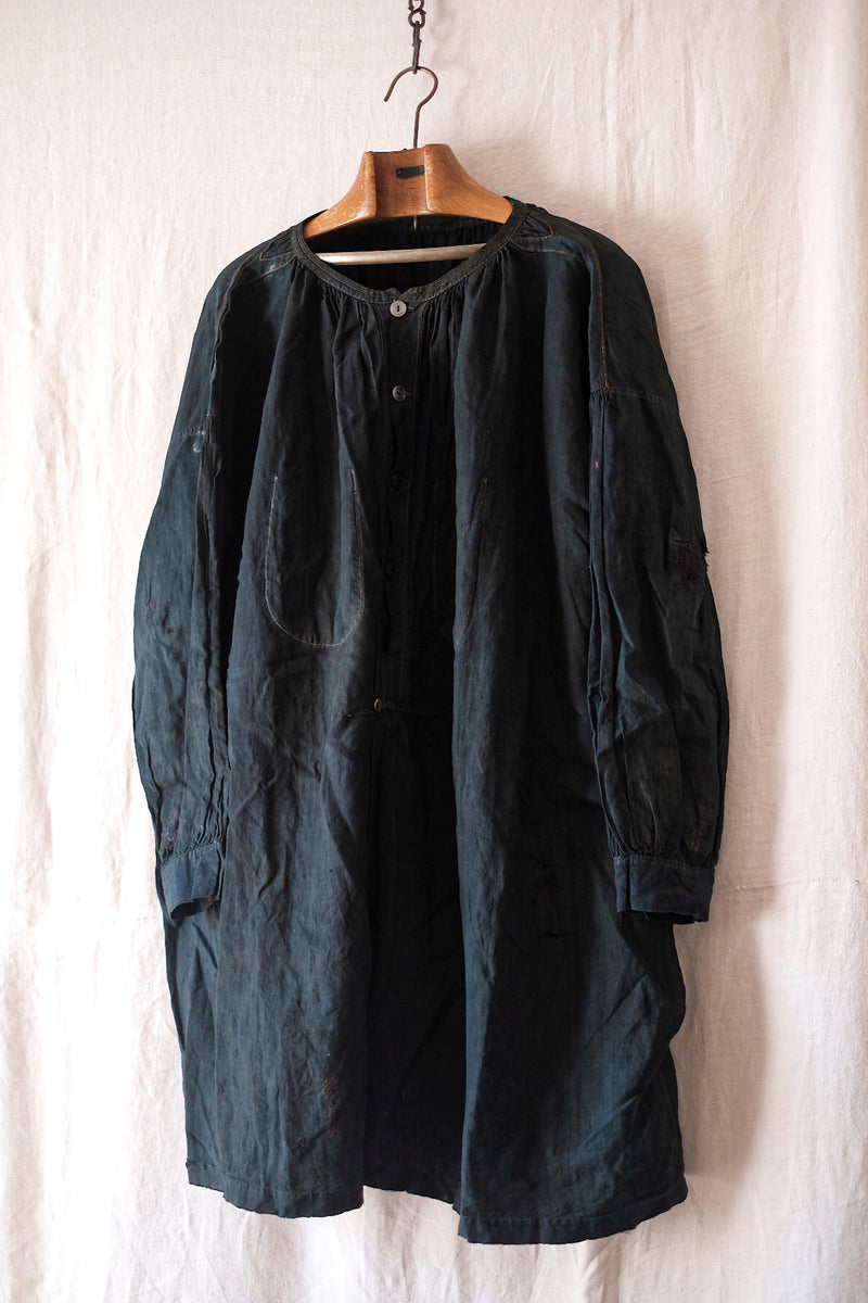 [ต้น 20 C] ผ้าลินินอินดิโก้โบราณฝรั่งเศส smock "biaude"