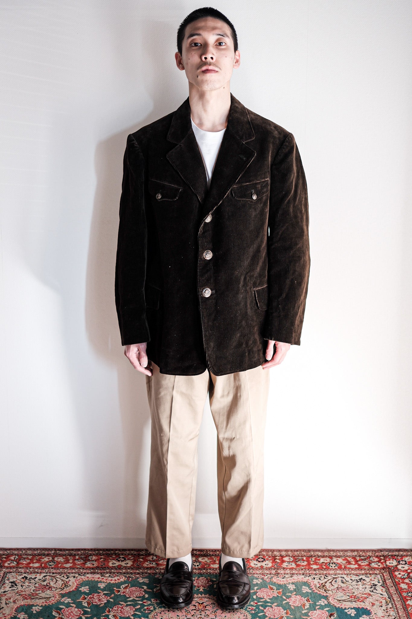 40's】French Vintage Dark Brown Corduroy Lapel Hunting Jacket 