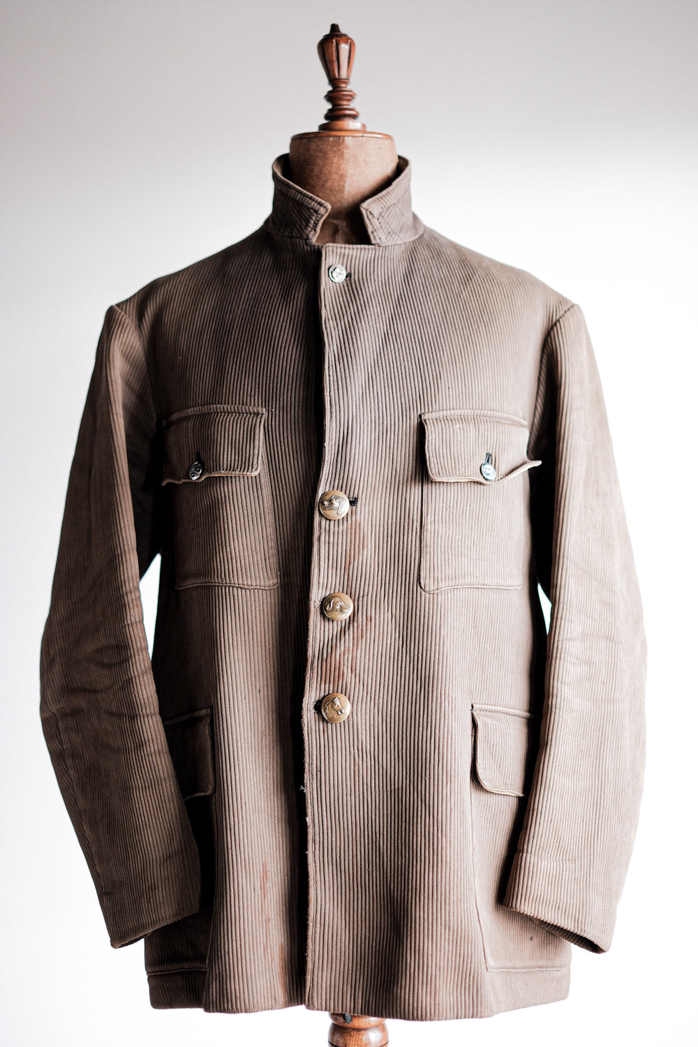 ［~40's］French Vintage Brown Cotton Pique Lapel Gamekeeper Hunting Jacket "Unusual Pattern"