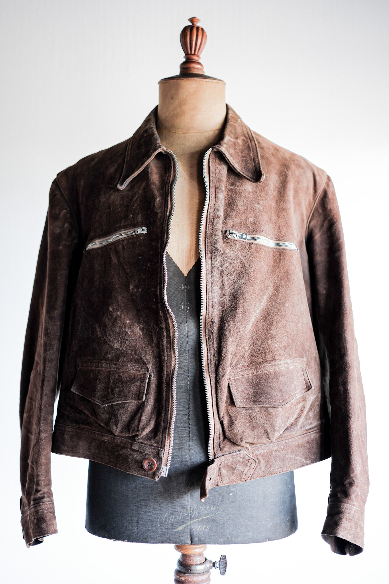 30's】French Vintage Suede Leather Cyclist Jacket