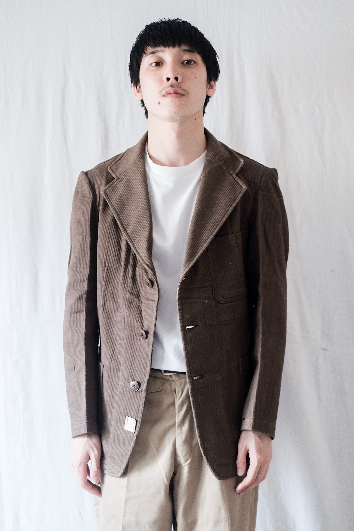 [~ 50's] French Vintage Brown Cotton Pique Lapel Work Jacket "Dead Stock"