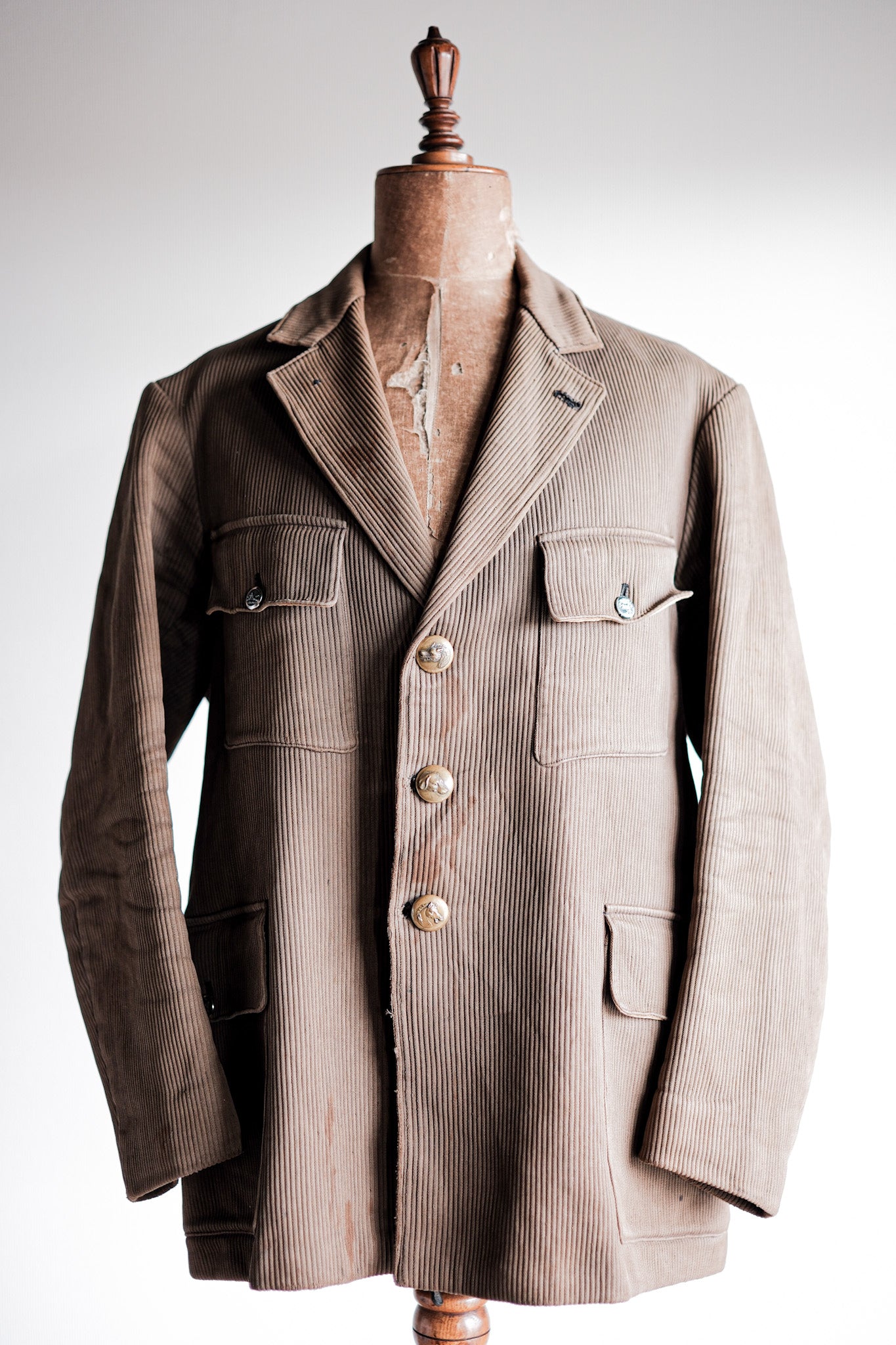 [~ 40's] French Vintage Brown Cotton Pique Lapel Gamekeeper Hunting Jacket "Unusual Pattern"