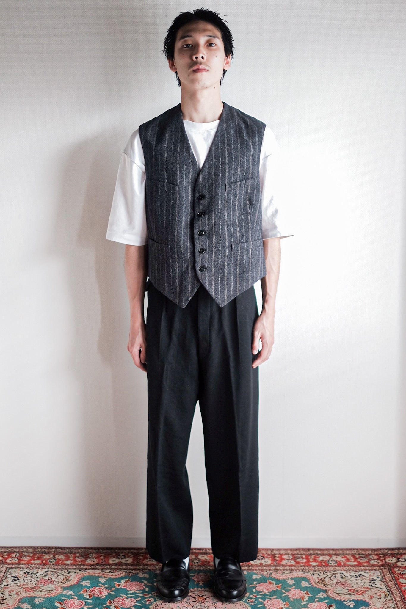 【~40's】French Vintage Gray Wool Striped Work Gilet